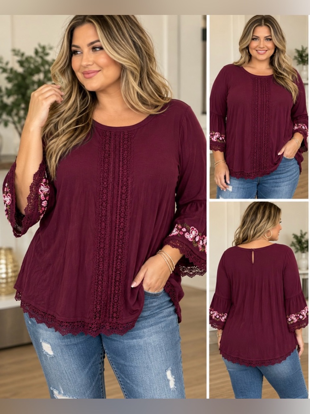 Time and Tru Burgundy Embroidered Boho Blouse – XL 16/18